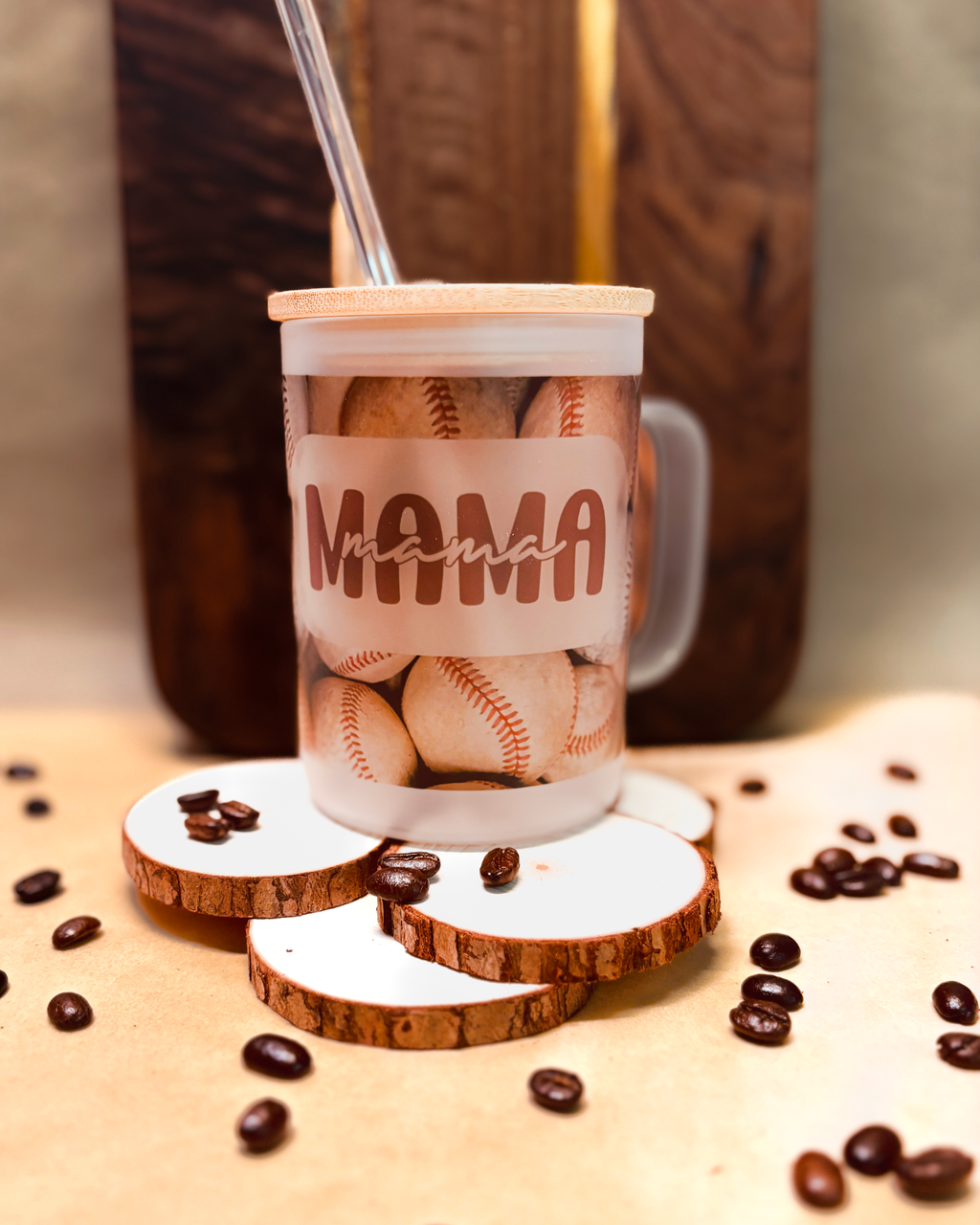 Baseball Mama - 16oz Frosted Mug with Bamboo Lid & Glass Straw